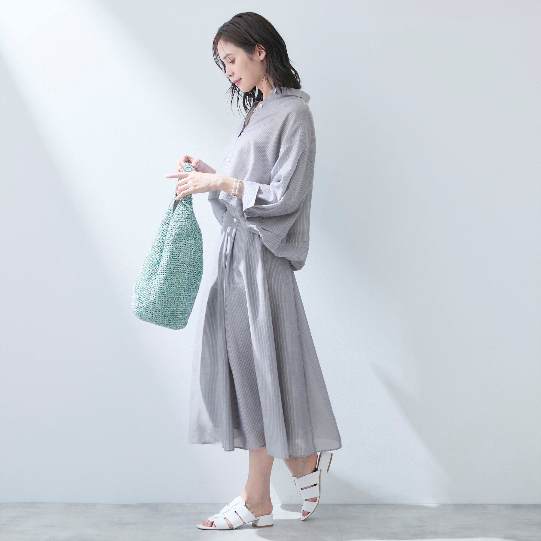 INDIVI「【接触冷感／洗える／SETUP可能】シアーシャンブレータックフレアスカート」|スカート|
