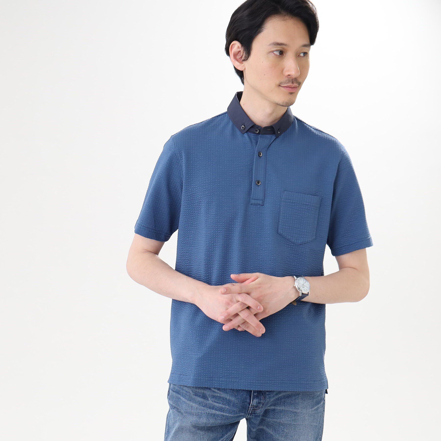 TAKEO KIKUCHI「【抗菌防臭】【Sサイズ～】シアサッカー ジャージ ポロシャツ」|ポロシャツ|ブルー(092)