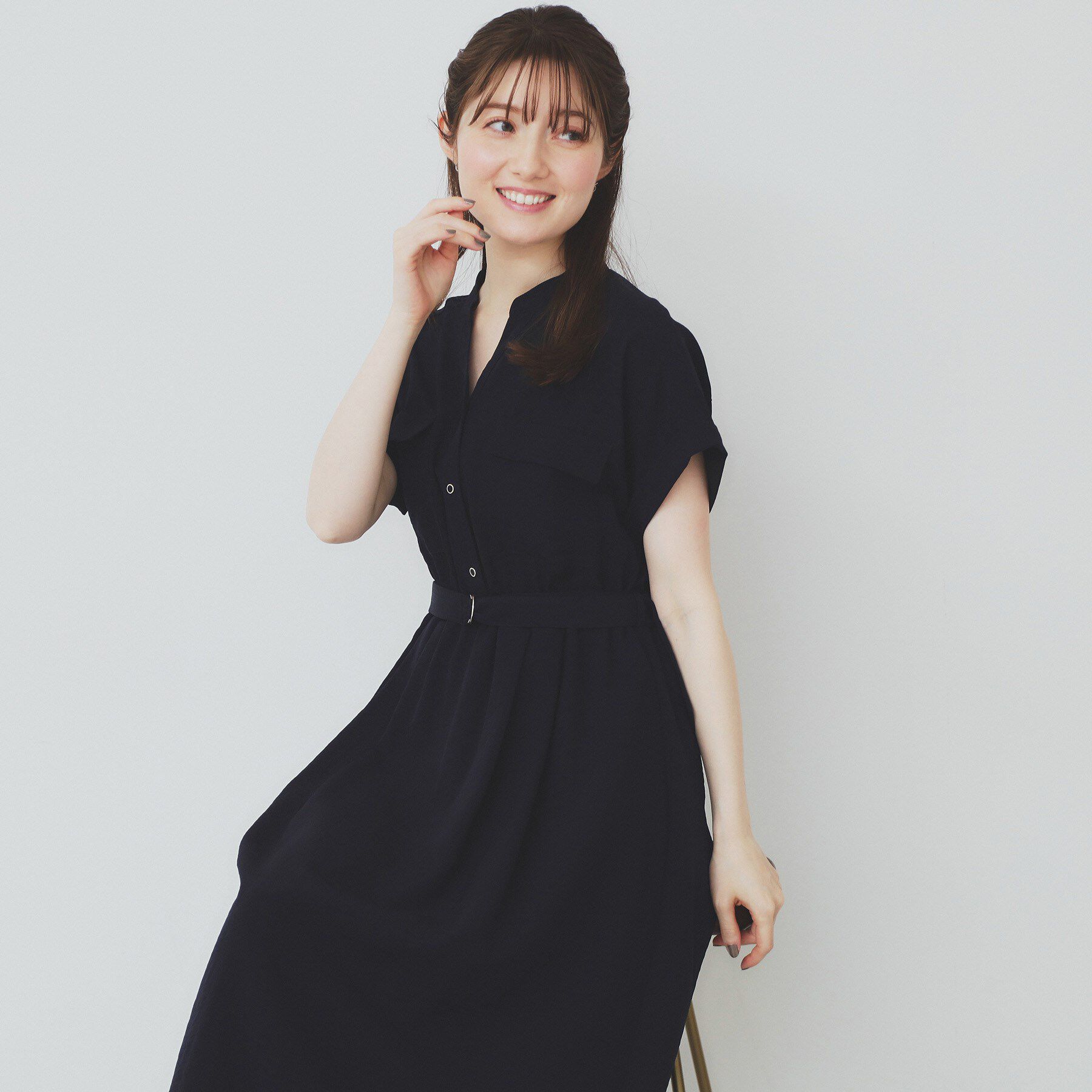 index「《7色展開／XS-LLサイズ》ダブルポケットスキッパーシャツワンピース【吸水速乾／防シワ／イージーア」|ワンピース|ネイビー(094)