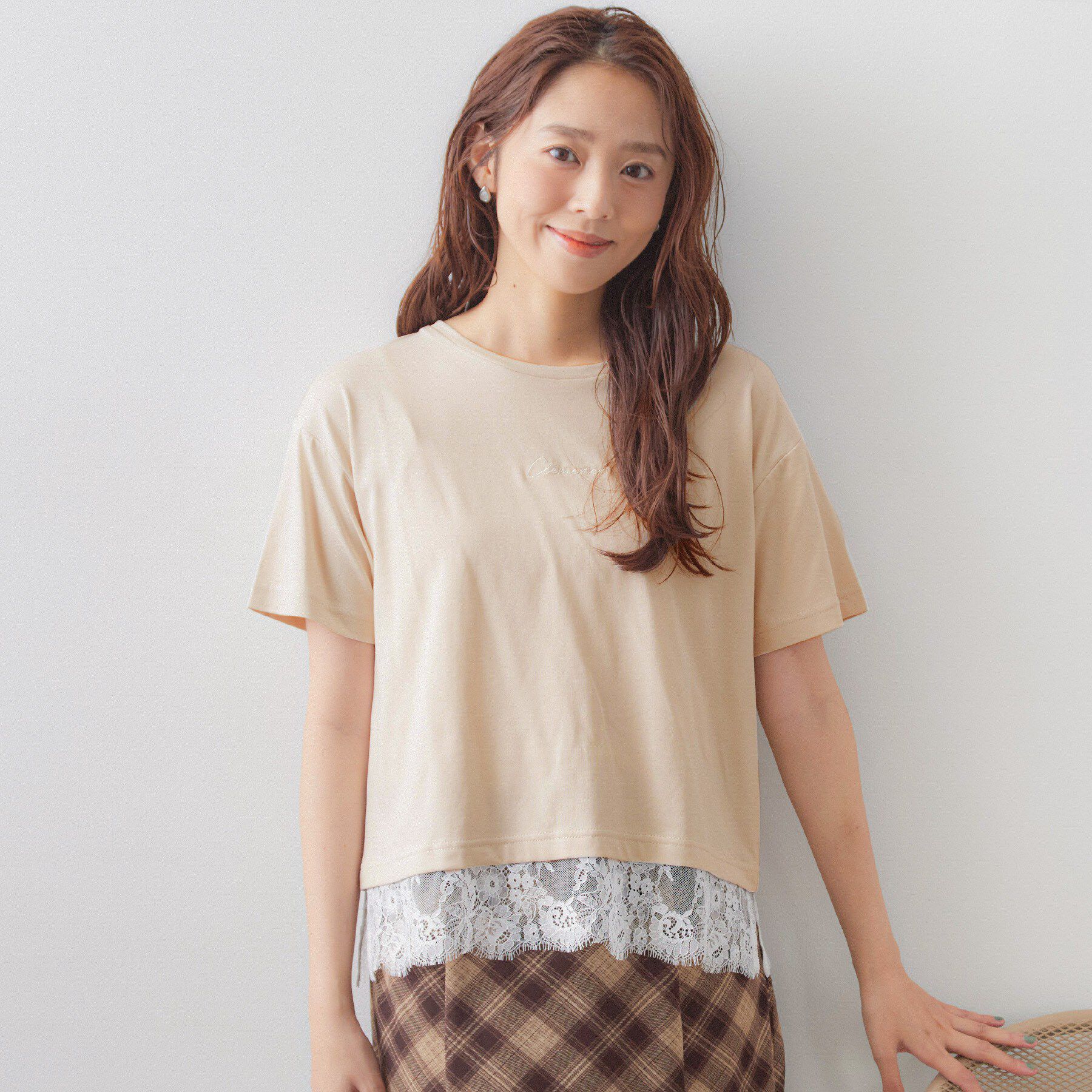 index「【接触冷感／UV】刺繍ロゴ裾レースTシャツ《洗濯機OK》」|Tシャツ・カットソー|