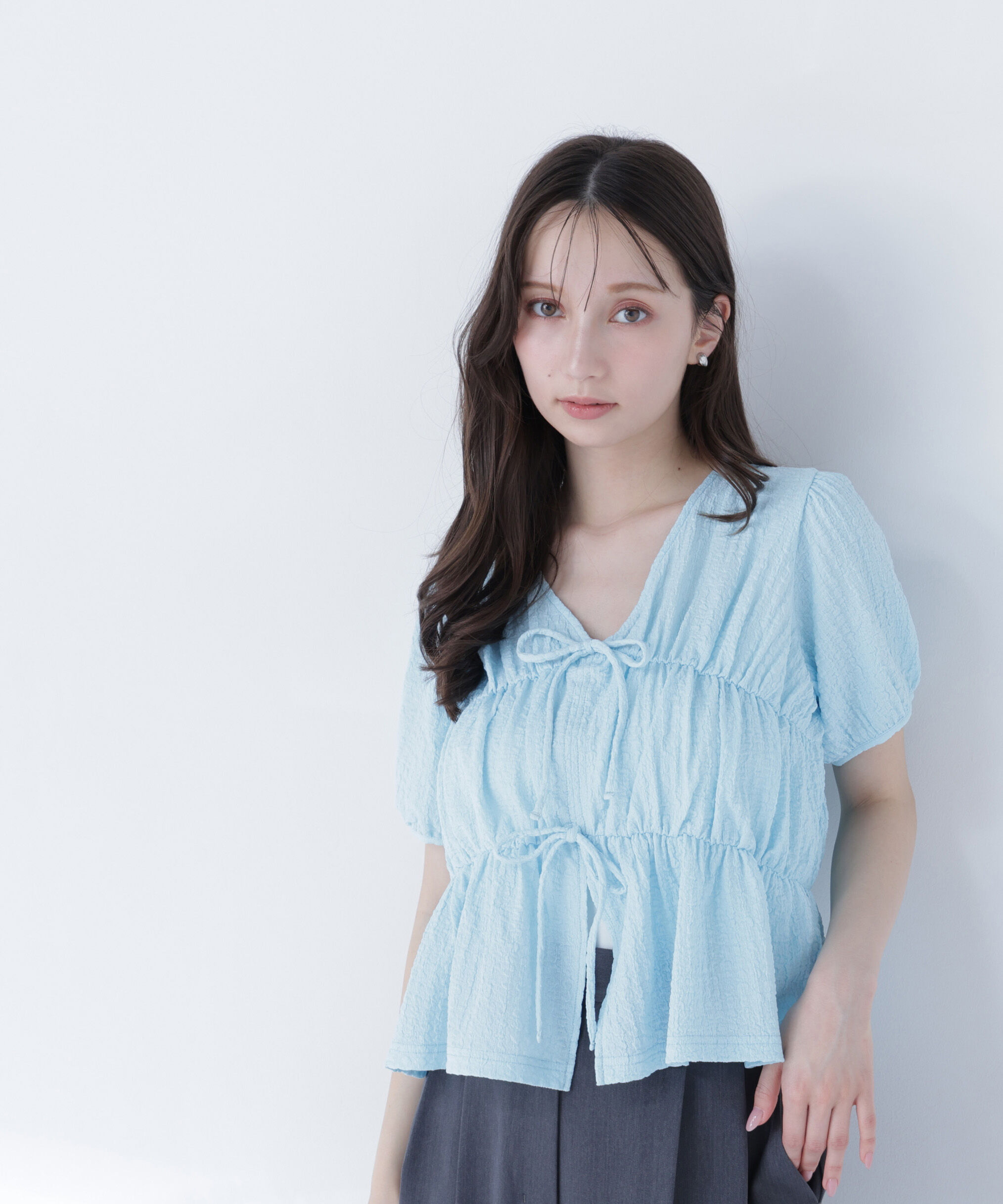  「フロントリボンシュリンクカットソー」|Tシャツ・カットソー|ブルー