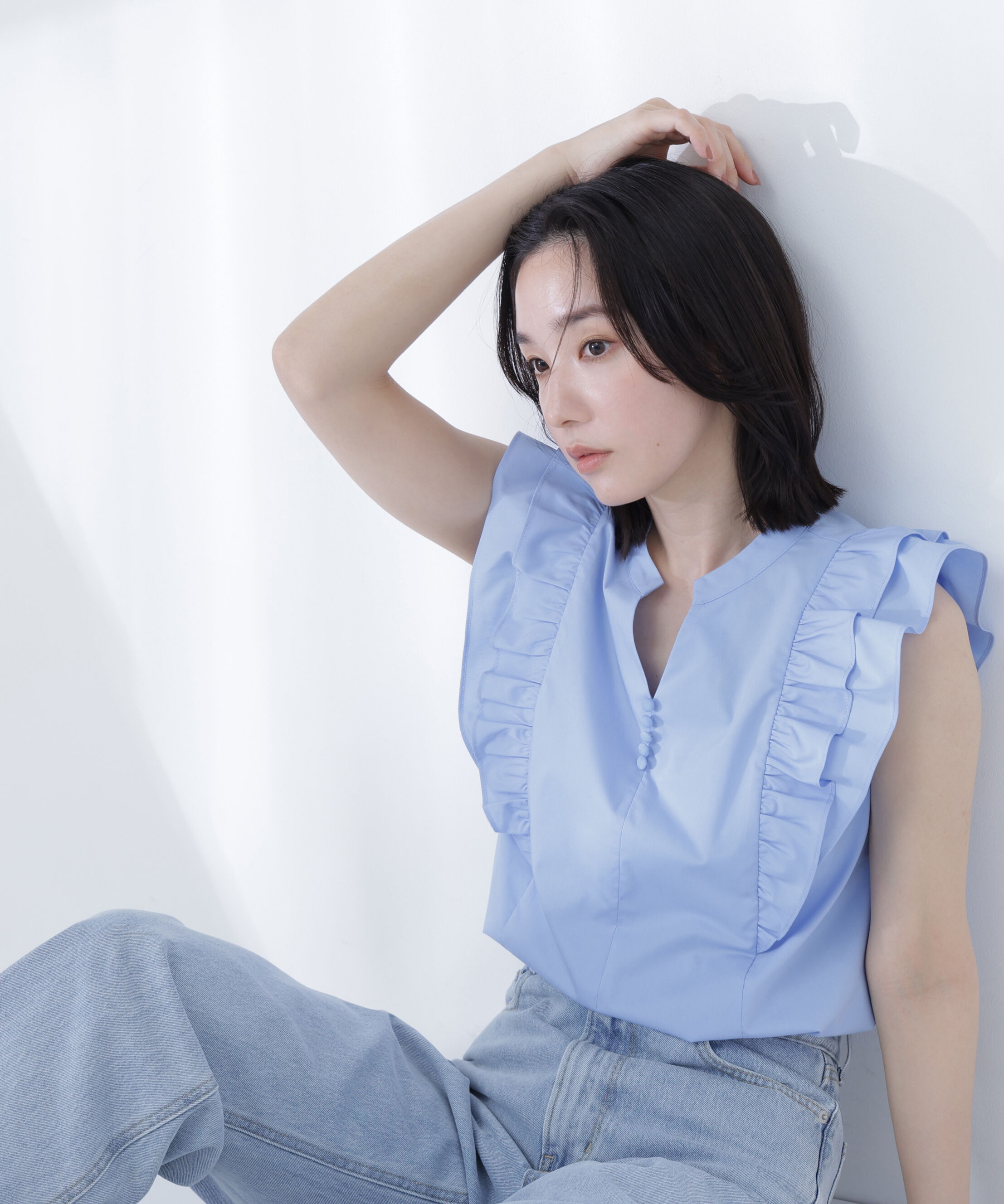  「ラッフルフレンチスリーブブラウス」|シャツ・ブラウス|ブルー