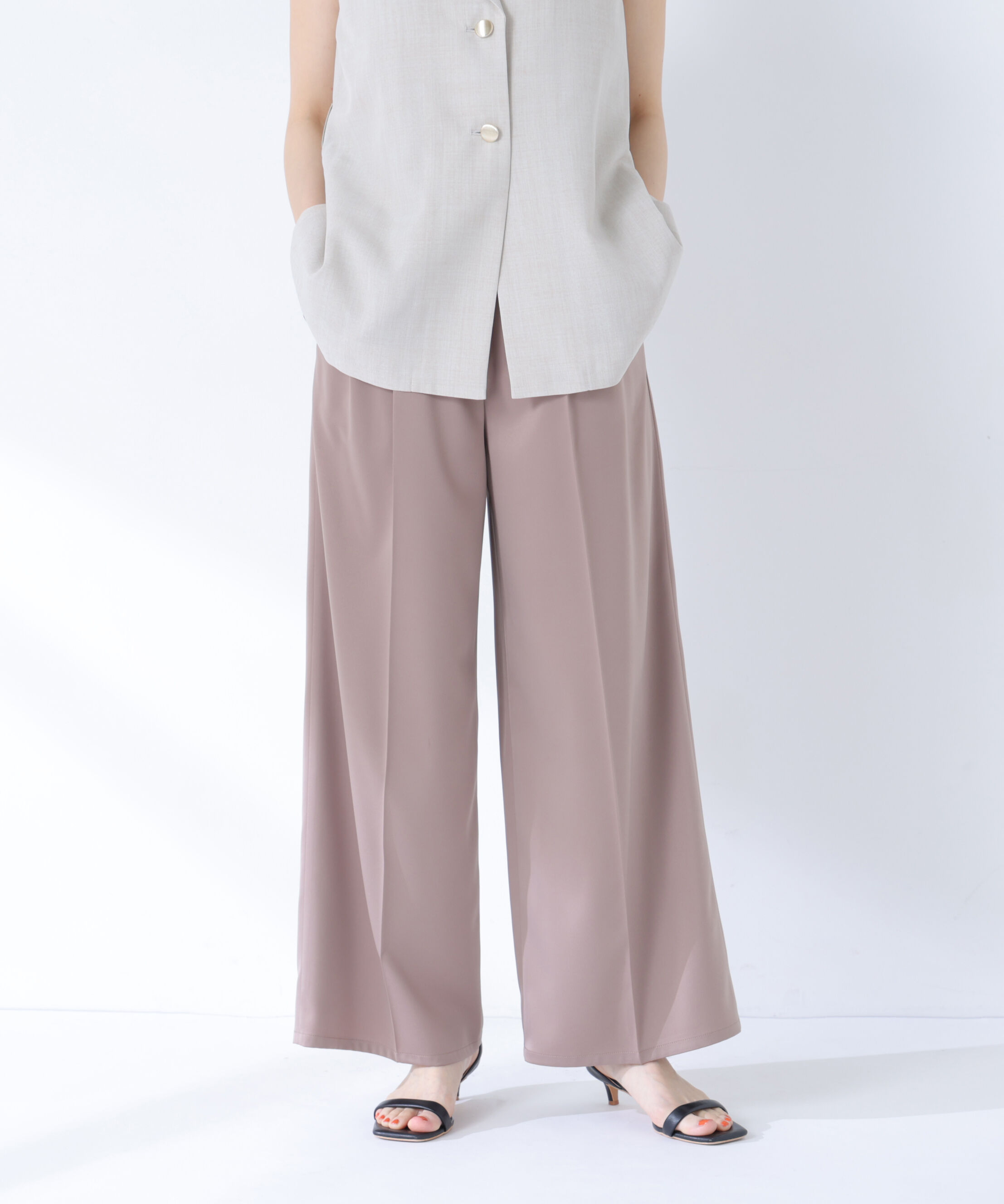  「サテンタックワイドパンツ」|その他|ベージュ