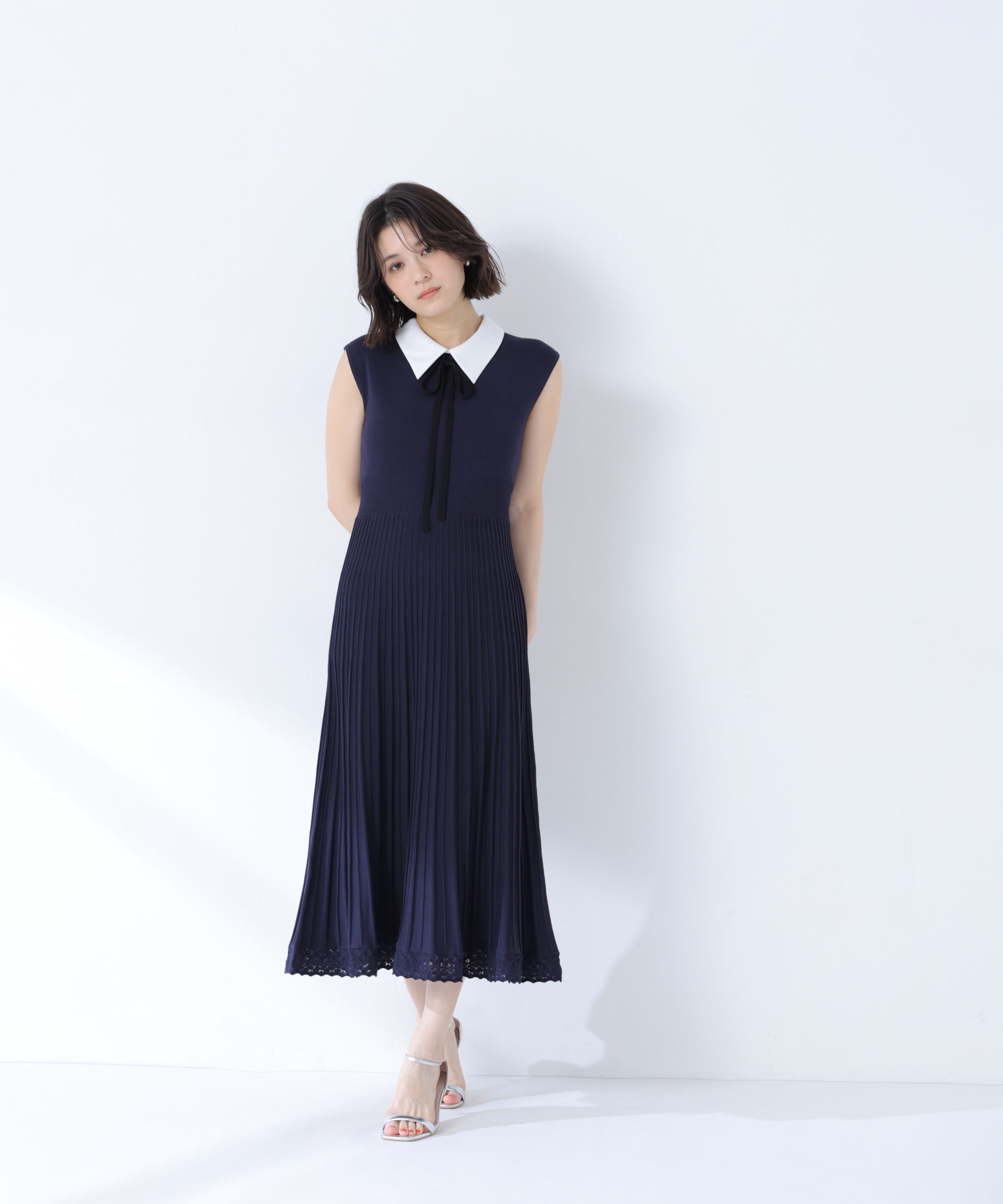  「シャツカラーナローリボンニットワンピース」|ワンピース|