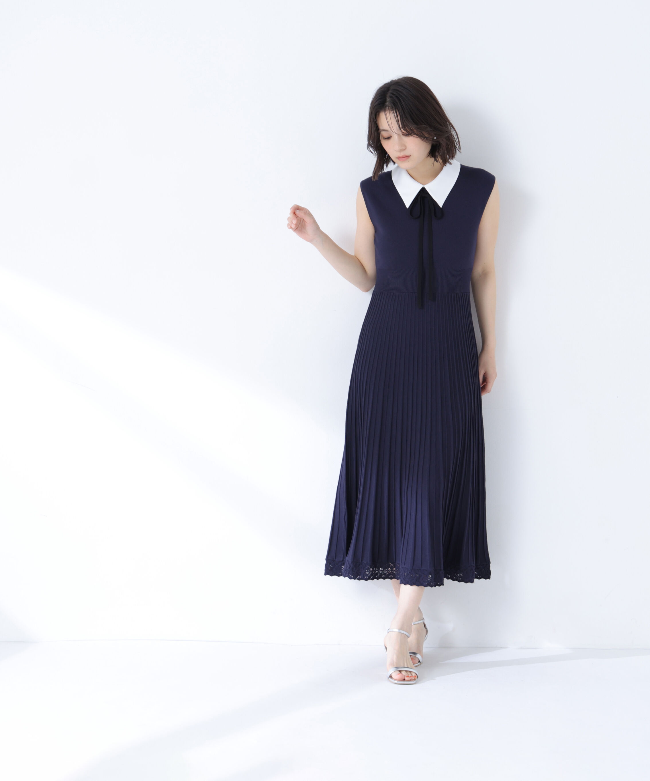  「シャツカラーナローリボンニットワンピース」|ワンピース|