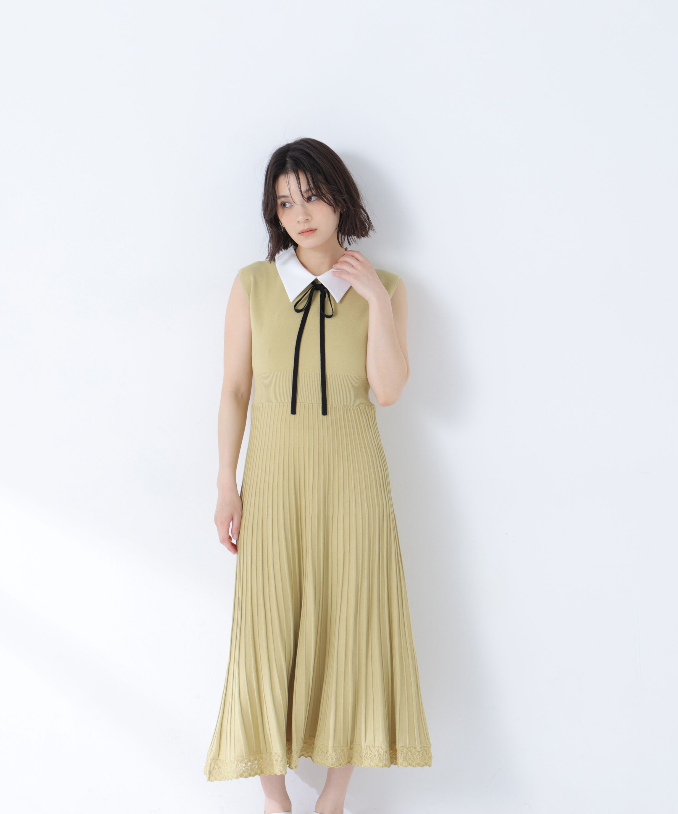  「シャツカラーナローリボンニットワンピース」|ワンピース|