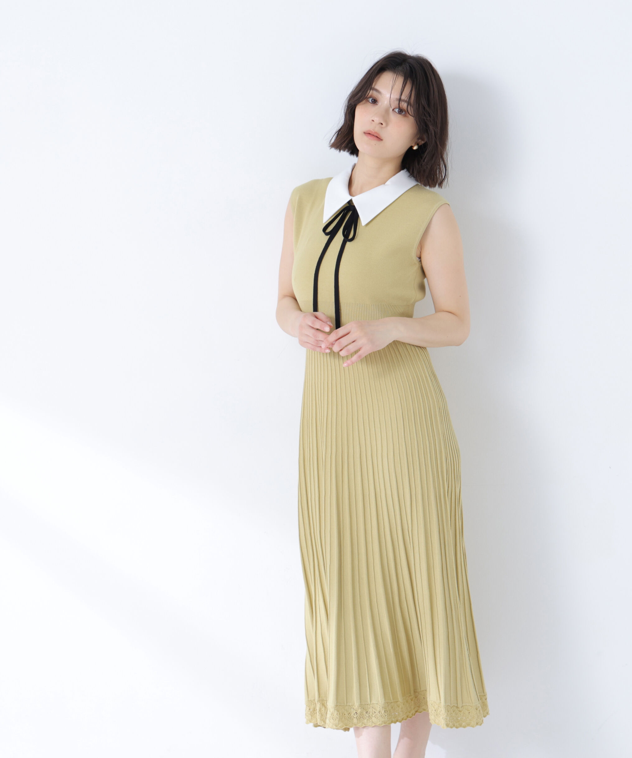  「シャツカラーナローリボンニットワンピース」|ワンピース|