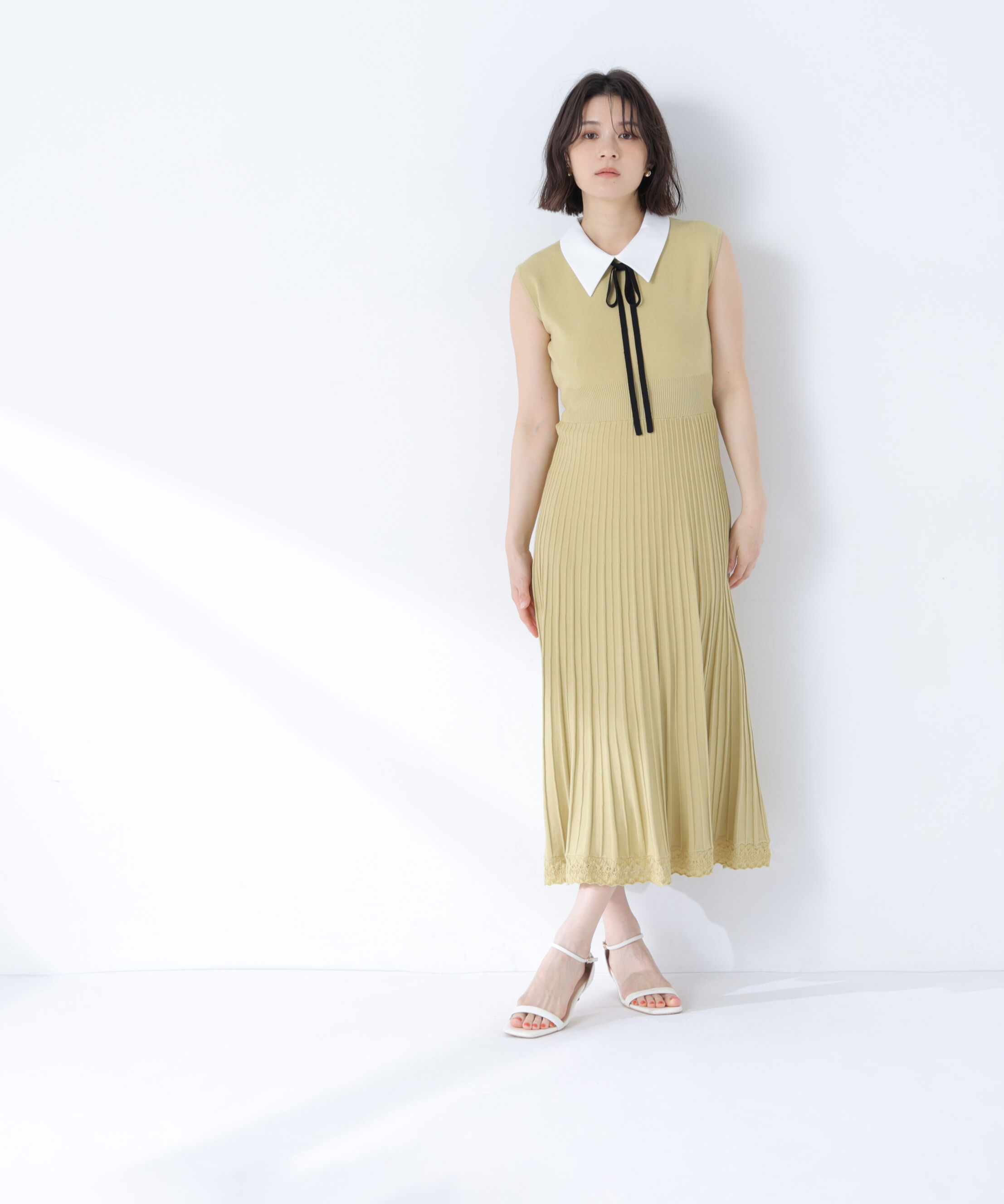  「シャツカラーナローリボンニットワンピース」|ワンピース|
