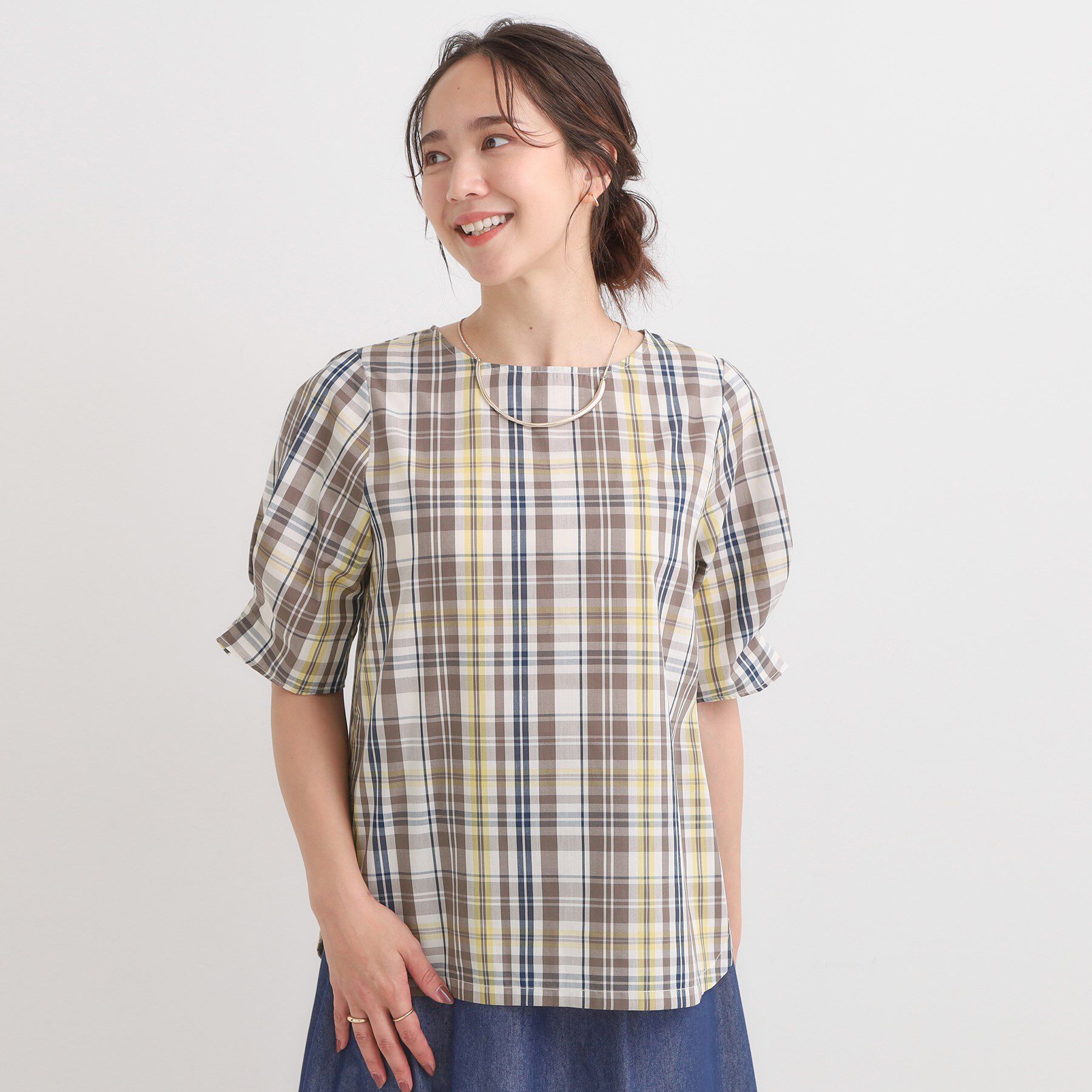 SHOO･LA･RUE「【S-LL/5分袖】お袖タックできれいに魅せる 大人のチェックブラウス」|シャツ・ブラウス|