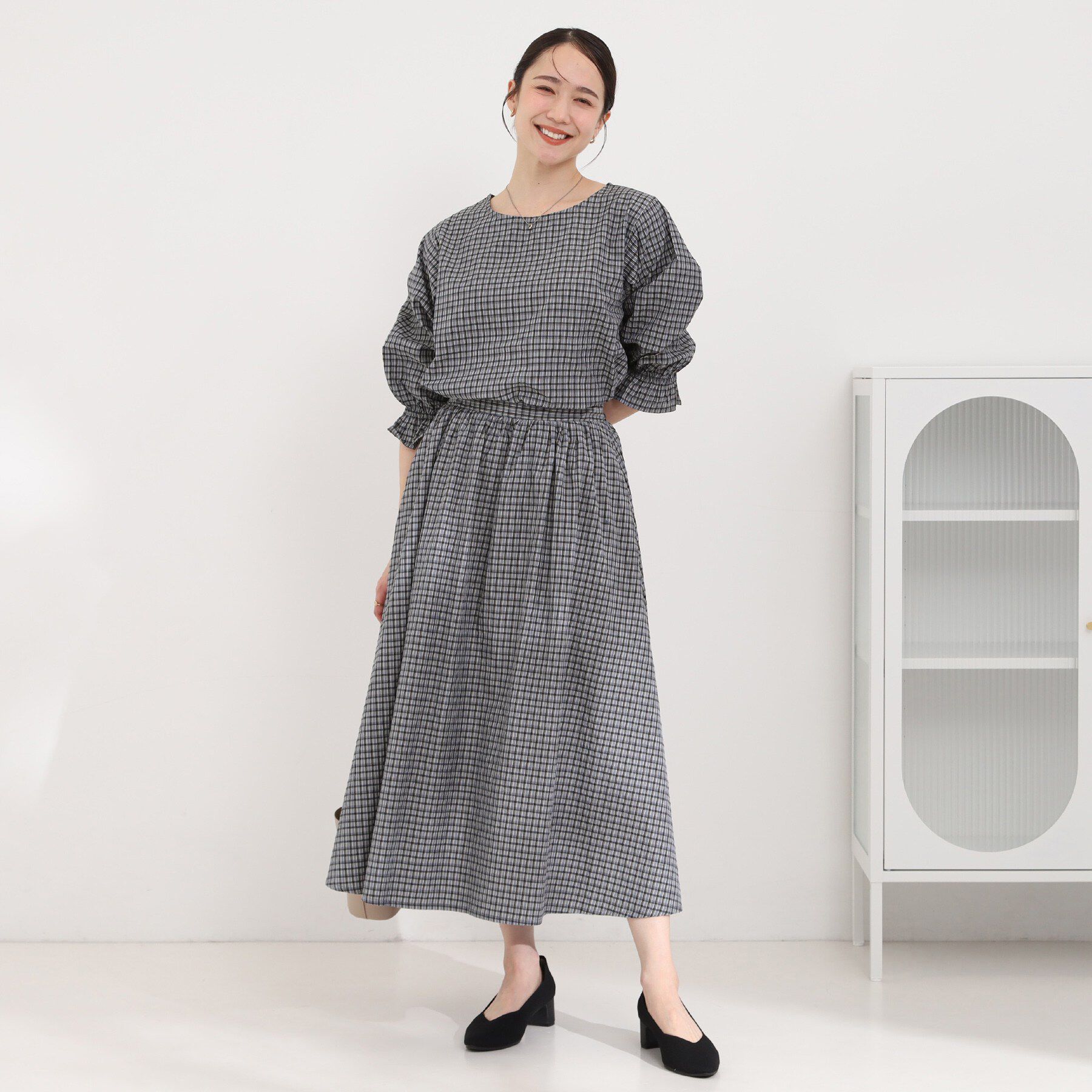 SHOO･LA･RUE「【セットアップ可/洗濯機可/S-LL】軽やかに揺れる サッカーチェック フレアスカート」|スカート|