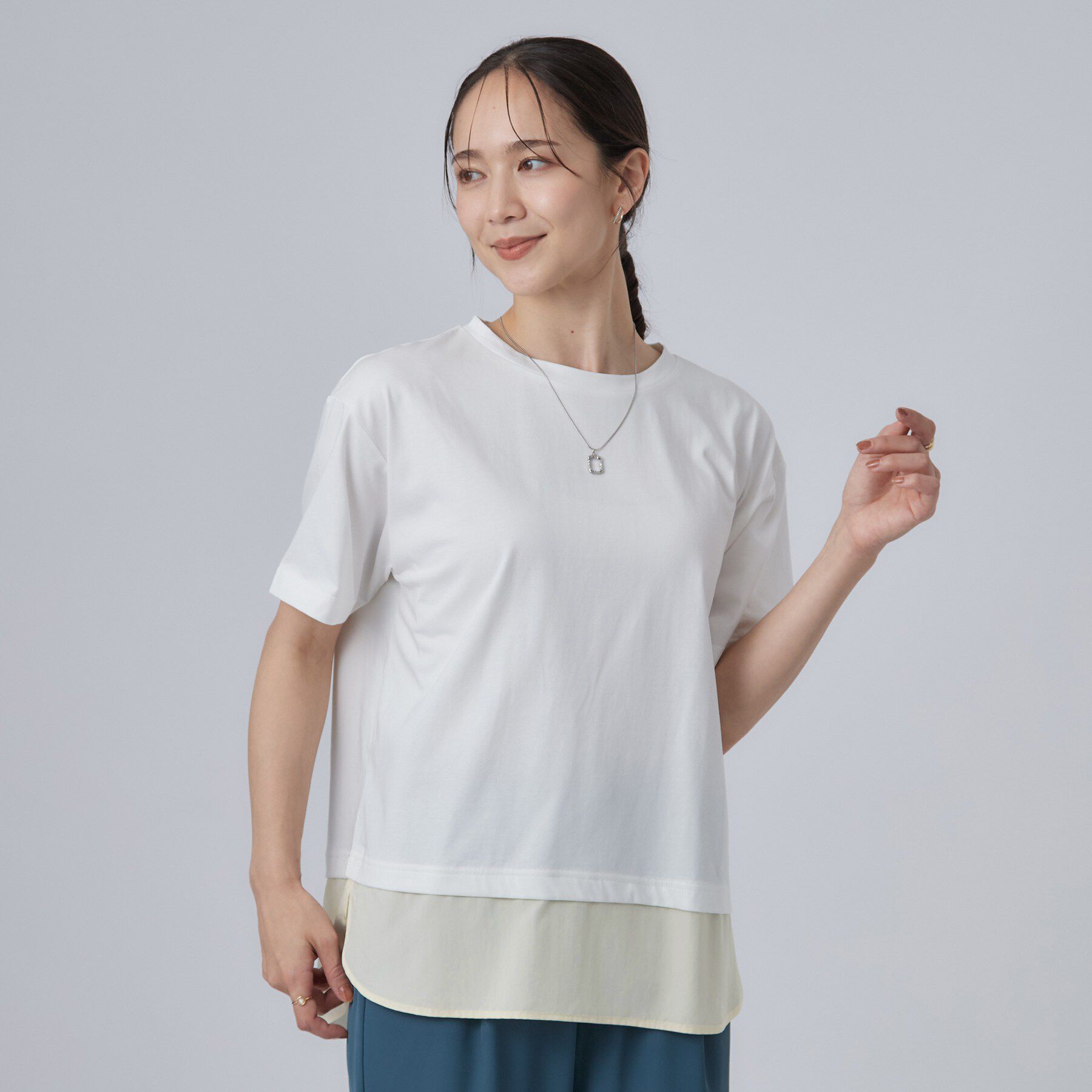 SHOO･LA･RUE「【ひんやり/体型カバー/S-LL】インせず着られる 異素材ドッキングTシャツ」|Tシャツ・カットソー|