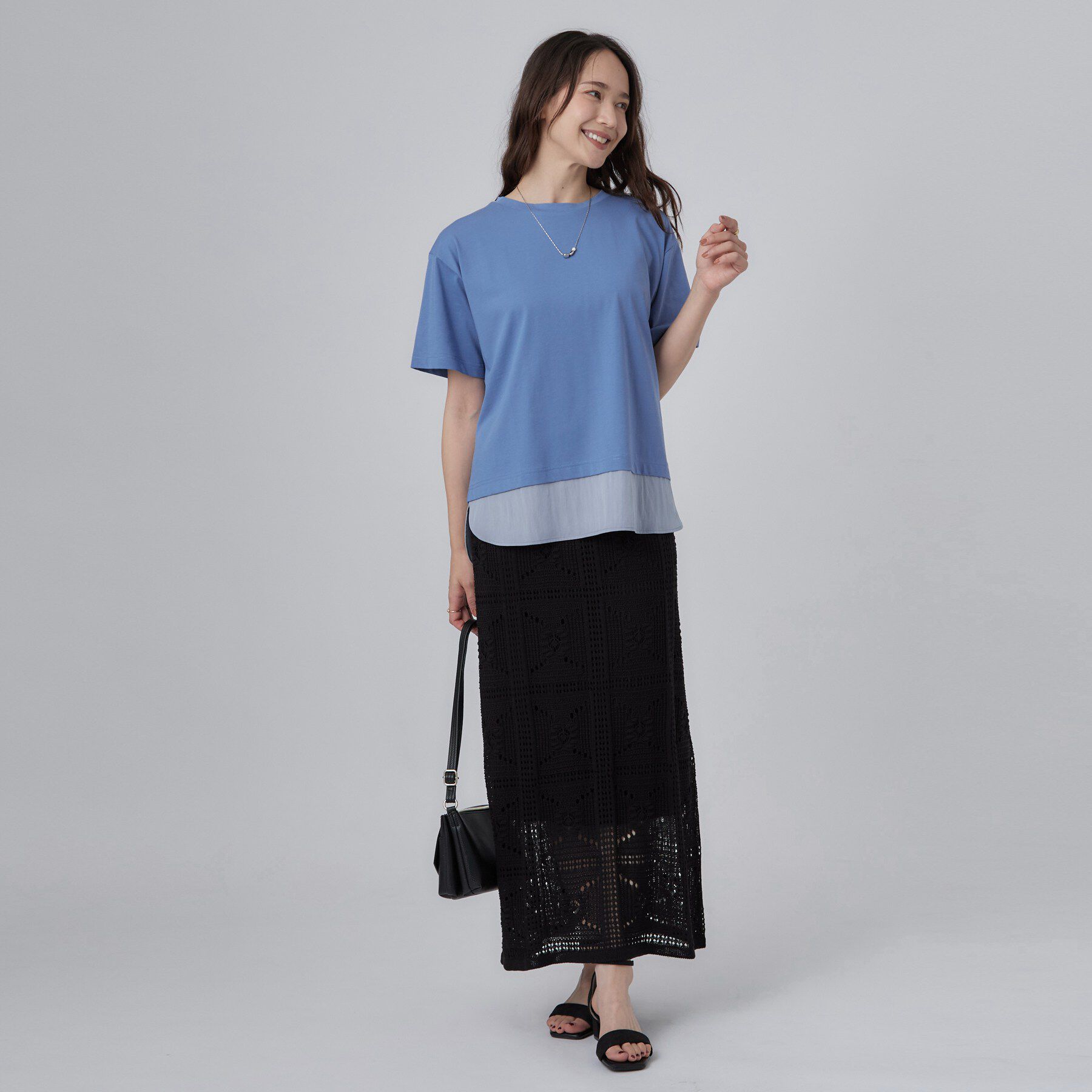 SHOO･LA･RUE「【ひんやり/体型カバー/S-LL】インせず着られる 異素材ドッキングTシャツ」|Tシャツ・カットソー|