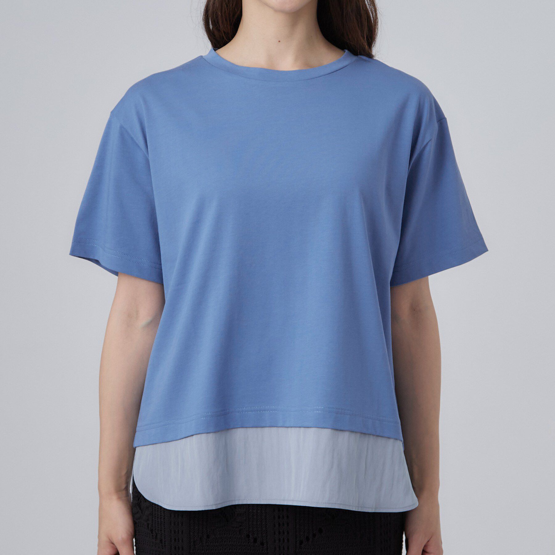 SHOO･LA･RUE「【ひんやり/体型カバー/S-LL】インせず着られる 異素材ドッキングTシャツ」|Tシャツ・カットソー|