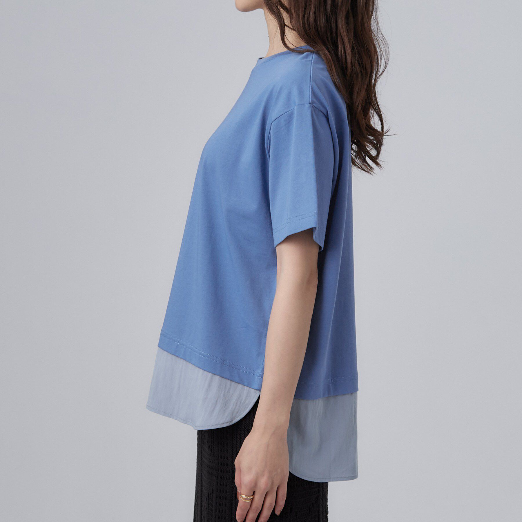 SHOO･LA･RUE「【ひんやり/体型カバー/S-LL】インせず着られる 異素材ドッキングTシャツ」|Tシャツ・カットソー|