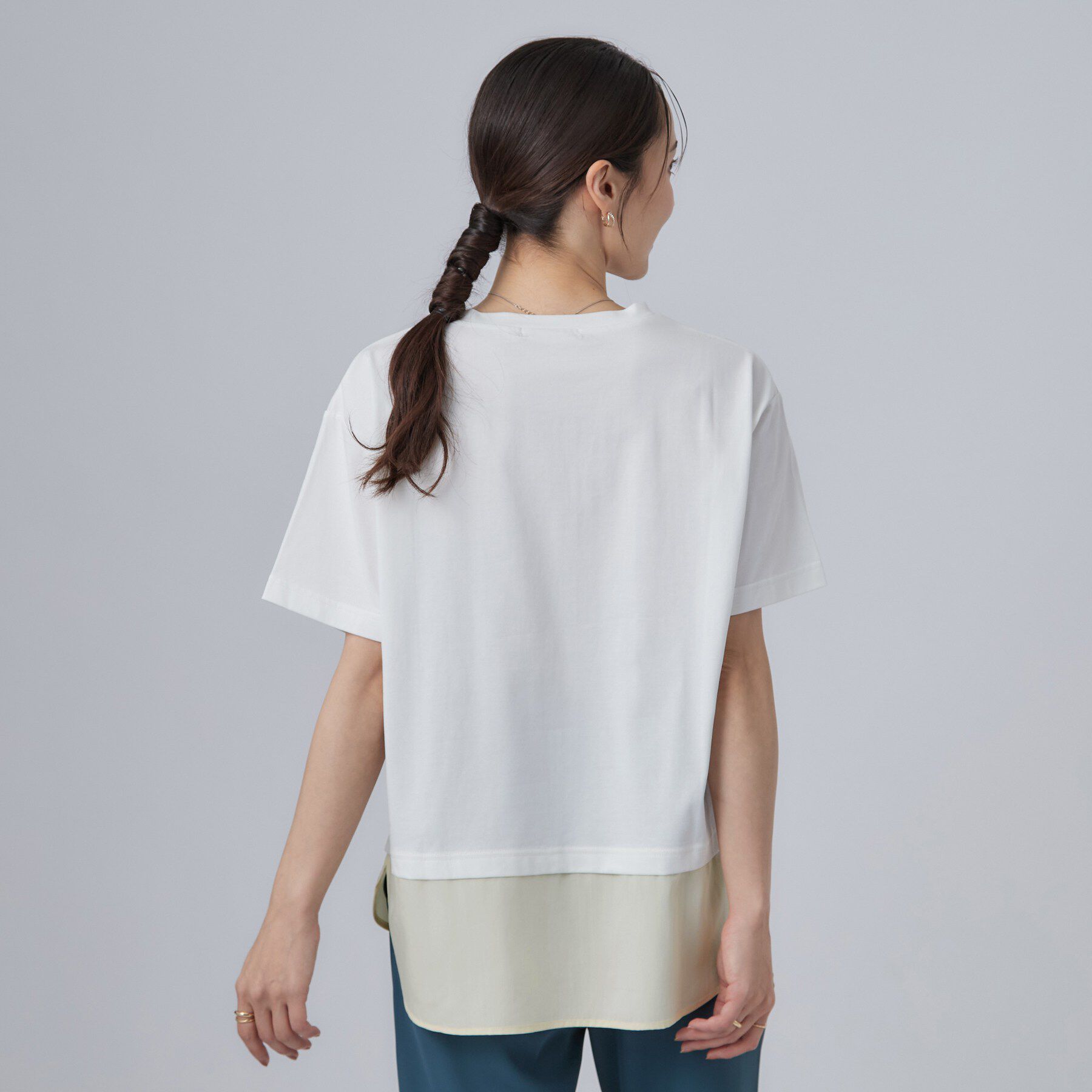 SHOO･LA･RUE「【ひんやり/体型カバー/S-LL】インせず着られる 異素材ドッキングTシャツ」|Tシャツ・カットソー|