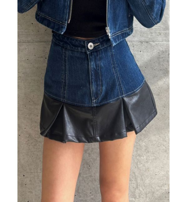GYDA「【TINY】フェイクレザードッキングデニムスカートライクショートパンツ」|スカート|インディゴ