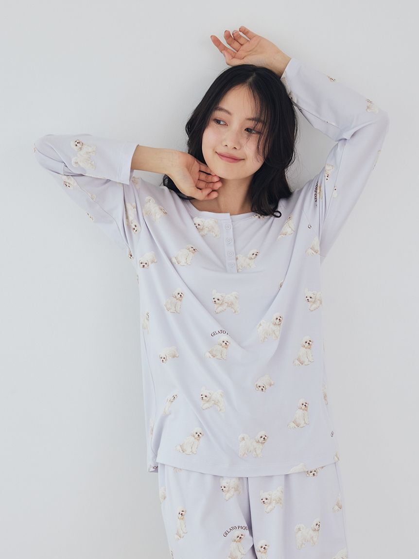 gelato pique「【接触冷感】【UVカット】お散歩ドッグ柄ヘンリーネックプルオーバー」|ルームウェア|BLU
