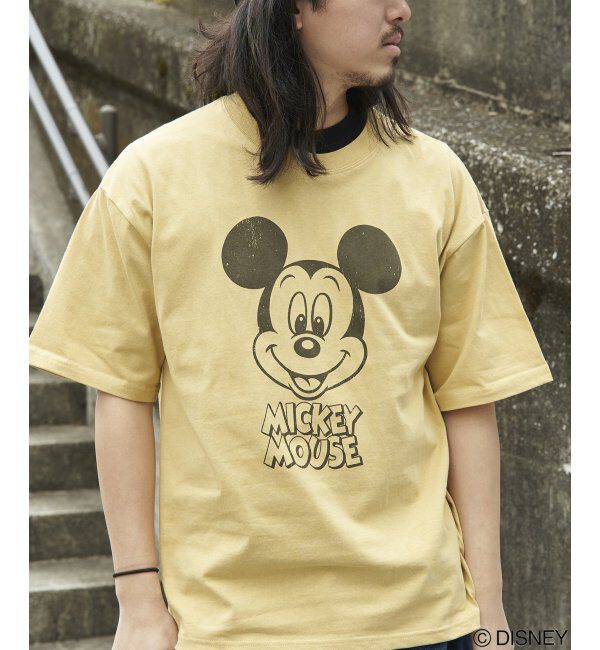 VENCE share style「Mickey Mouse ミッキーマウス USED風フェイスプリントTシャツ」|Tシャツ・カットソー|イエロー
