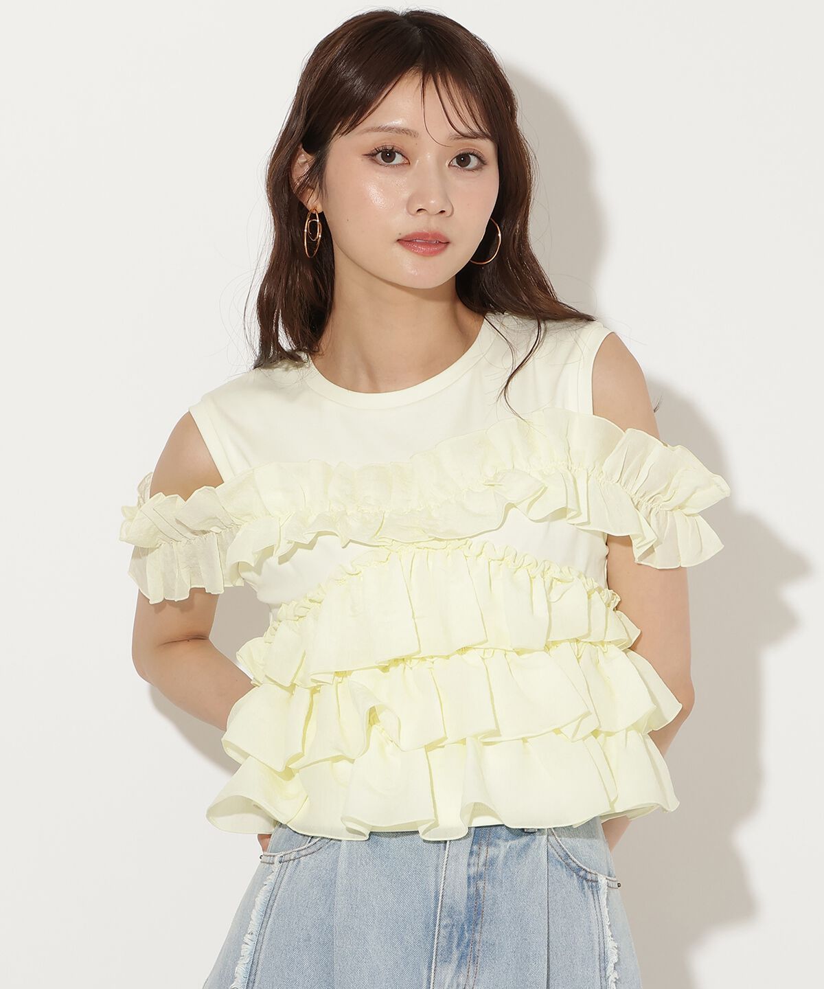 アンドクチュール「ティアードフリルコンビノースリーブＴシャツ」|Tシャツ・カットソー|クリーム