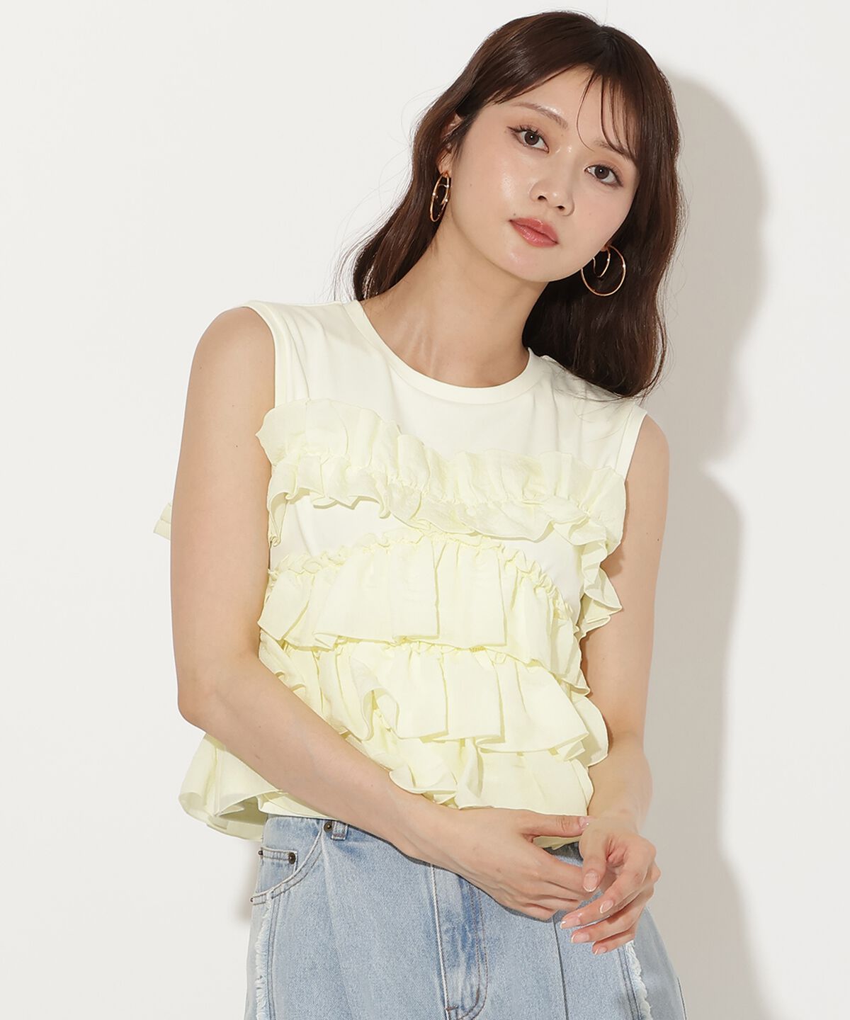 アンドクチュール「ティアードフリルコンビノースリーブＴシャツ」|Tシャツ・カットソー|