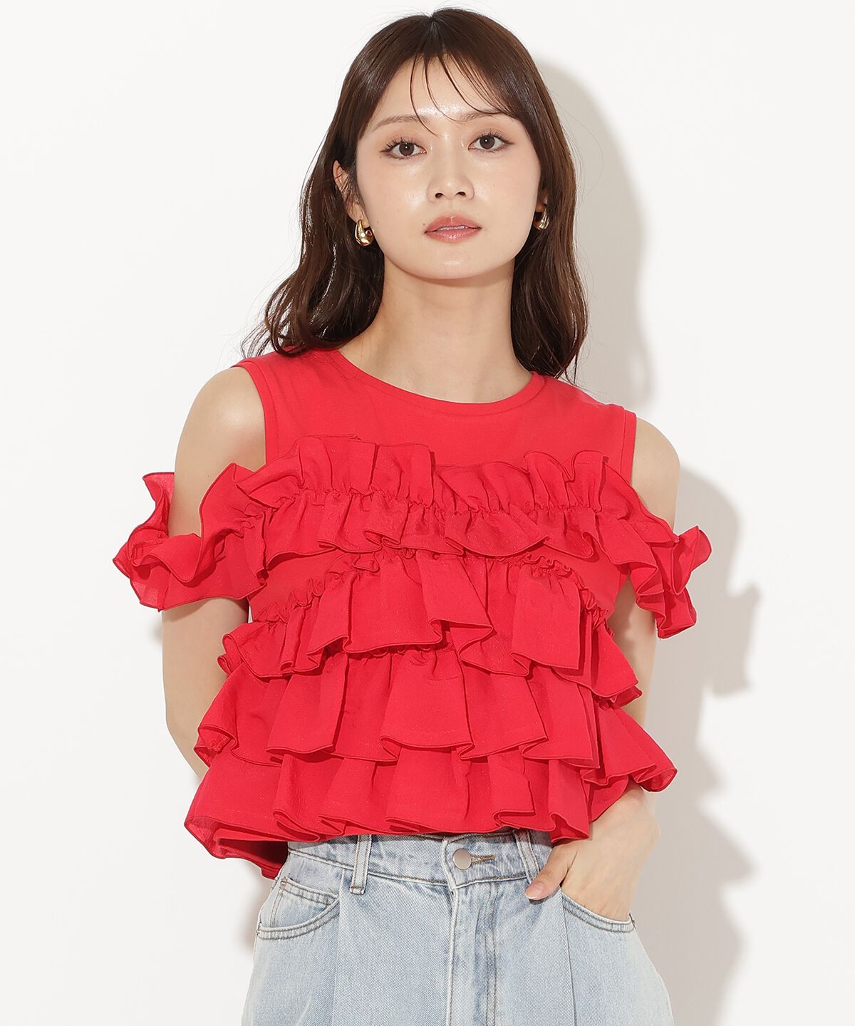 アンドクチュール「ティアードフリルコンビノースリーブＴシャツ」|Tシャツ・カットソー|レッド