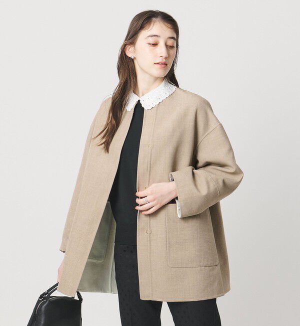 UNITED ARROWS「Asami バイカラー リバーコート」|ノーカラーコート|BEIGE