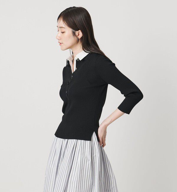 UNITED ARROWS「7分袖 シャツ コンビ ポロニット」|ニット・セーター|BLACK