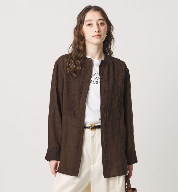 UNITED ARROWS「エンブロイダリー バンドカラー シャツ」|シャツ・ブラウス|DK.BROWN
