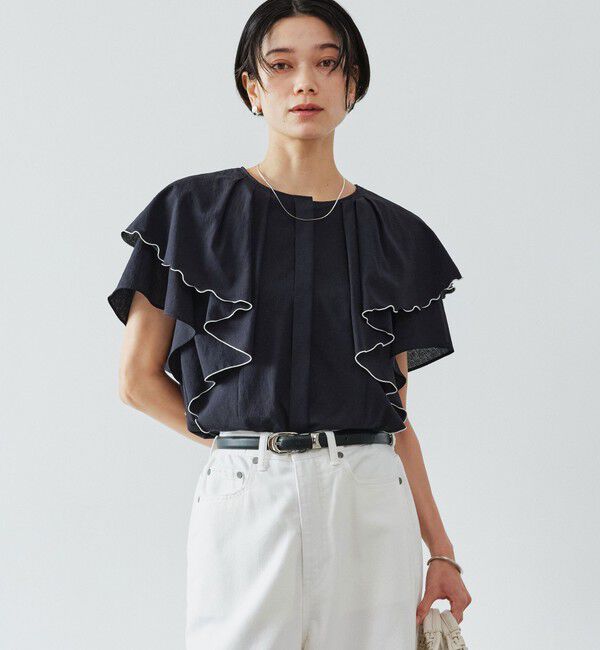 UNITED ARROWS green label relaxing「Breeze Cool  ラッフル ブラウス マシンウォッシャブル 吸水速乾 通気性 UVカット」|シャツ・ブラウス|NAVY