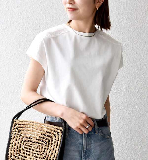 SHIPS any「《一部追加予約》SHIPS any:〈洗濯機可能〉ジャージー フレンチスリーブ レース TEE」|Tシャツ・カットソー|ホワイト