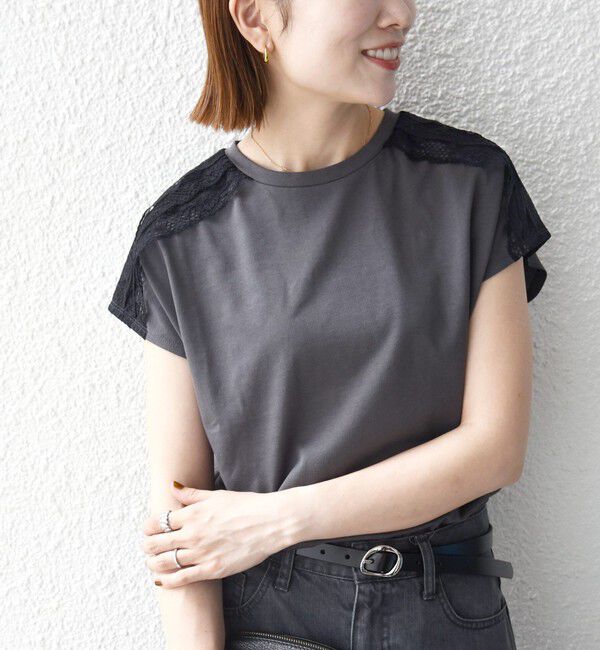 SHIPS any「《一部追加予約》SHIPS any:〈洗濯機可能〉ジャージー フレンチスリーブ レース TEE」|Tシャツ・カットソー|チャコールグレー