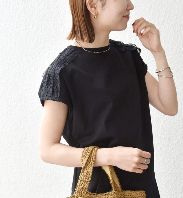SHIPS any「《一部追加予約》SHIPS any:〈洗濯機可能〉ジャージー フレンチスリーブ レース TEE」|Tシャツ・カットソー|ブラック