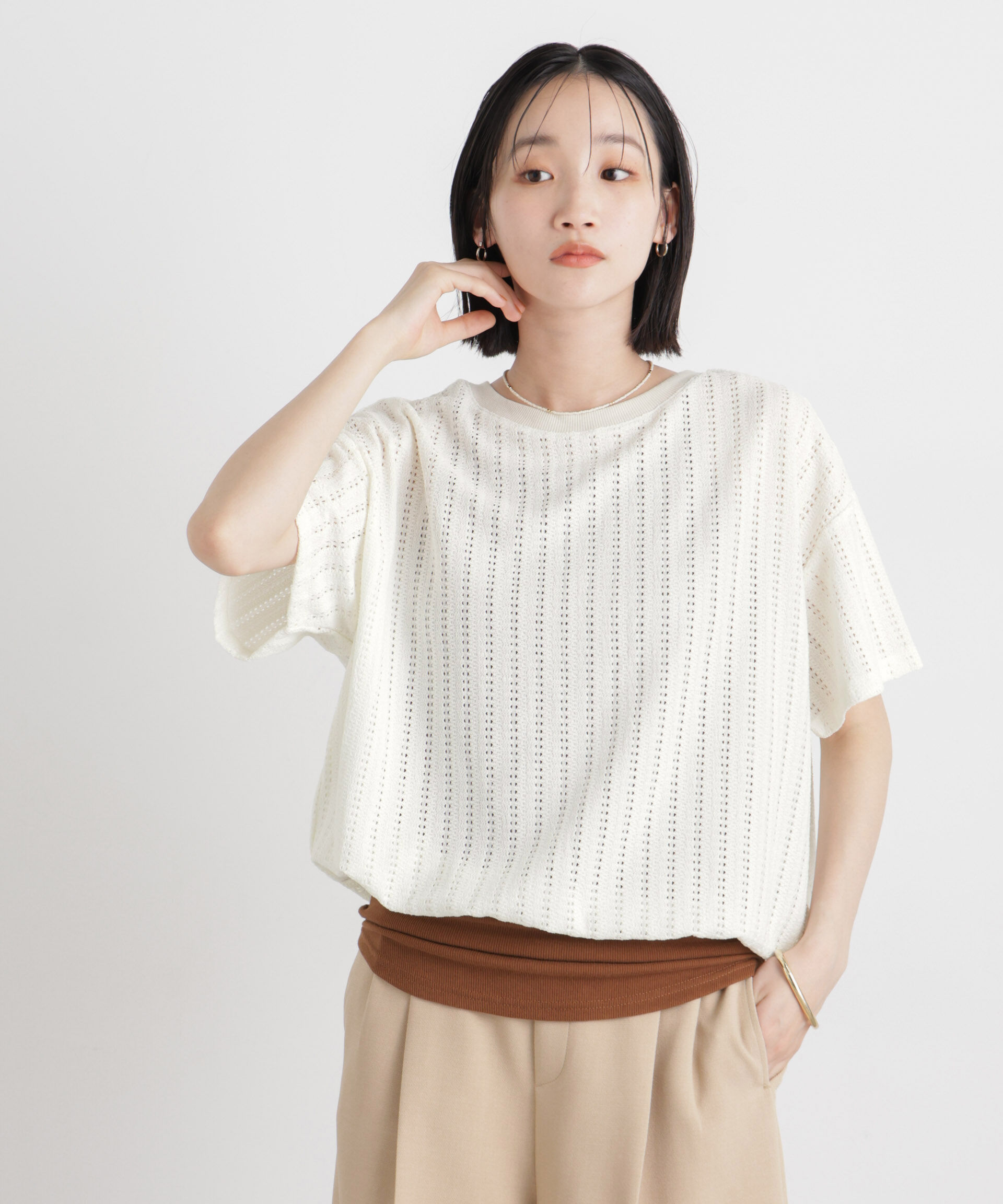NANO universe「カットジャガードドロストヘムトップス」|Tシャツ・カットソー|アイボリー7