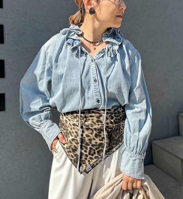 Rie Miller「【RM denim】フリルギャザーデニムブラウス」|シャツ・ブラウス|