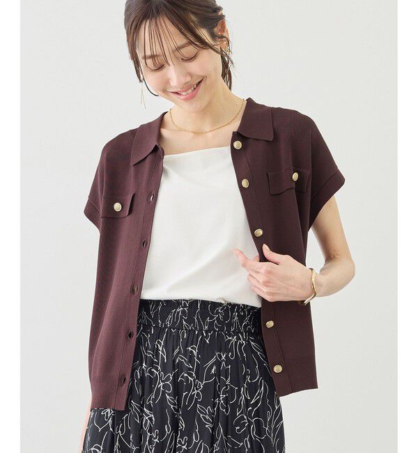 Rope&rsquo;Picnic「八方映えニット 金ボタンフレンチスリーブポロカラーカーディガン/UVカット・接触冷感・イージーケア」|カーディガン|