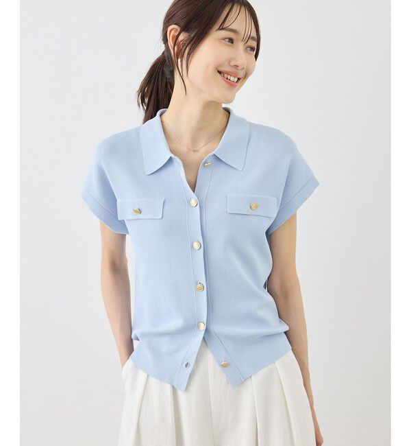 Rope&rsquo;Picnic「八方映えニット 金ボタンフレンチスリーブポロカラーカーディガン/UVカット・接触冷感・イージーケア」|カーディガン|