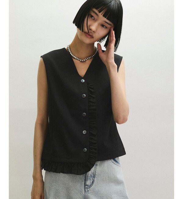 ADAM ET ROPE'「【WEB限定】・【定番】ラッフルコンビスリーブレストップス」|Tシャツ・カットソー|ブラック(01)