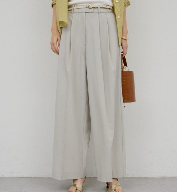  「【ウエスト調整可能】【手洗い可】梳毛タックワイドパンツ」|チノ|