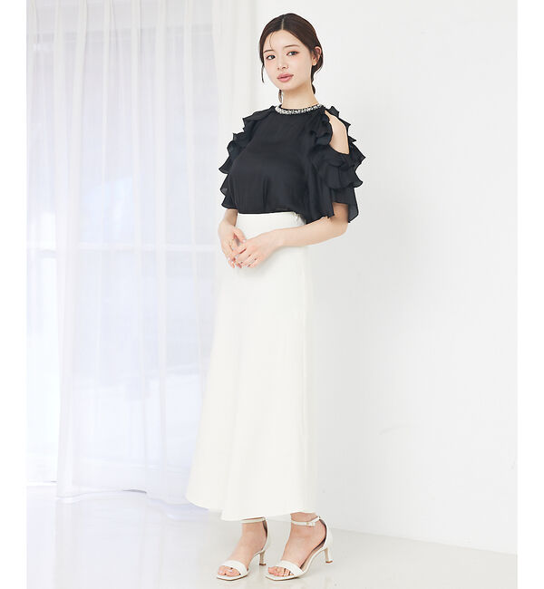 SELFIST「【品よく肌見せ】ショルダーオープンビジュー付フリルブラウス」|シャツ・ブラウス|