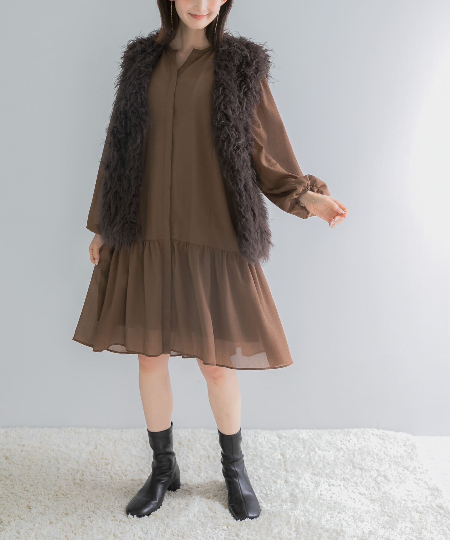 URBAN RESEARCH ROSSO「キーネックボリュームミニワンピース」|ワンピース|モカ