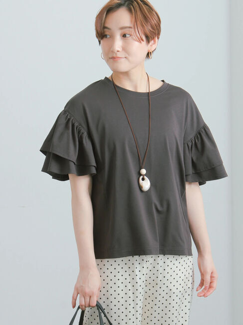 Te chichi「【接触冷感/遮熱/吸水速乾】フリルスリーブビッグTシャツ」|Tシャツ・カットソー|チャコールグレー