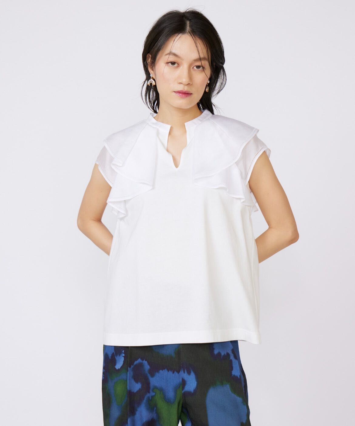 INED「《大きいサイズ》ラッフルカラードッキングプルオーバー」|Tシャツ・カットソー|