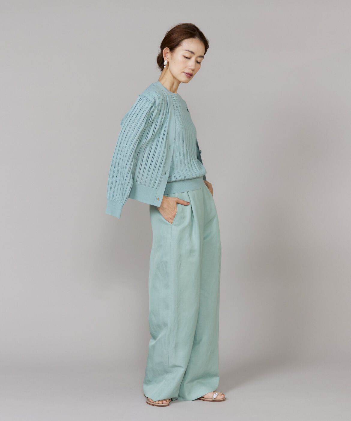 Le Souk「《大きいサイズ》透かし柄リブクルーVネックカーディガン」|カーディガン|