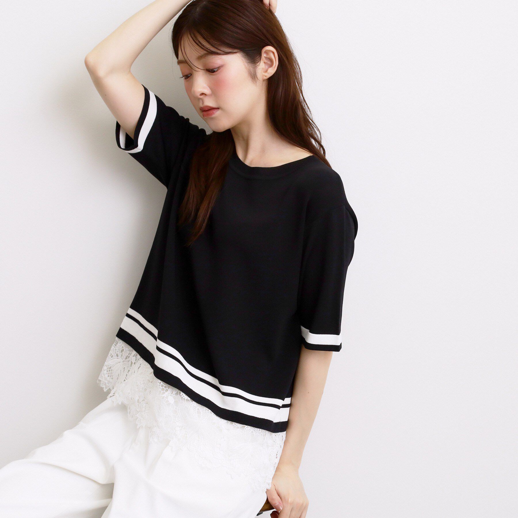 grove「【シリーズ累計36万枚／UVカット・ひんやり・洗濯機OK】やわらかドライタッチレースドッキングニット」|ニット・セーター|ブラック(019)