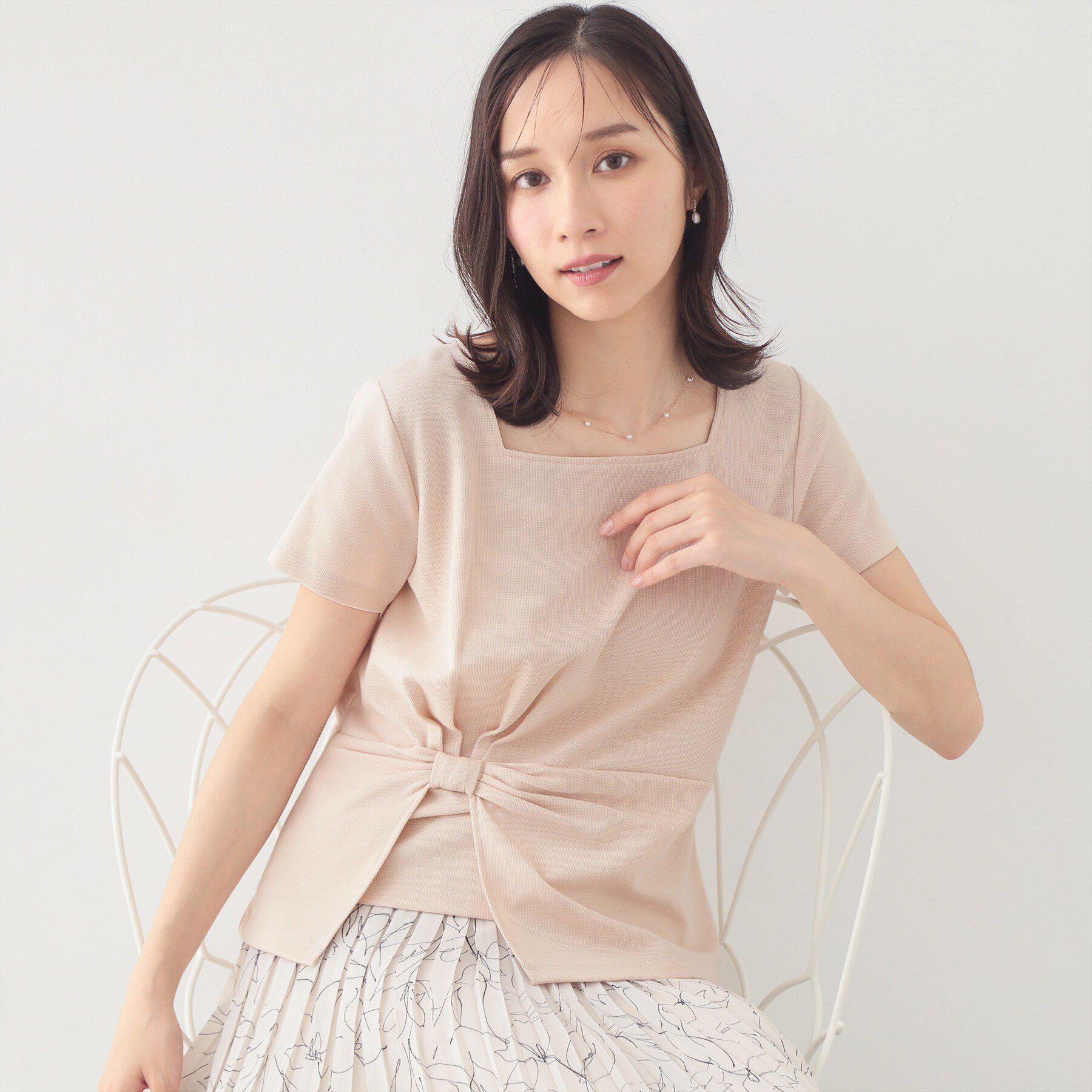 index「【接触冷感／UVケア】スクエアネックリボントップス《洗濯機OK》」|Tシャツ・カットソー|