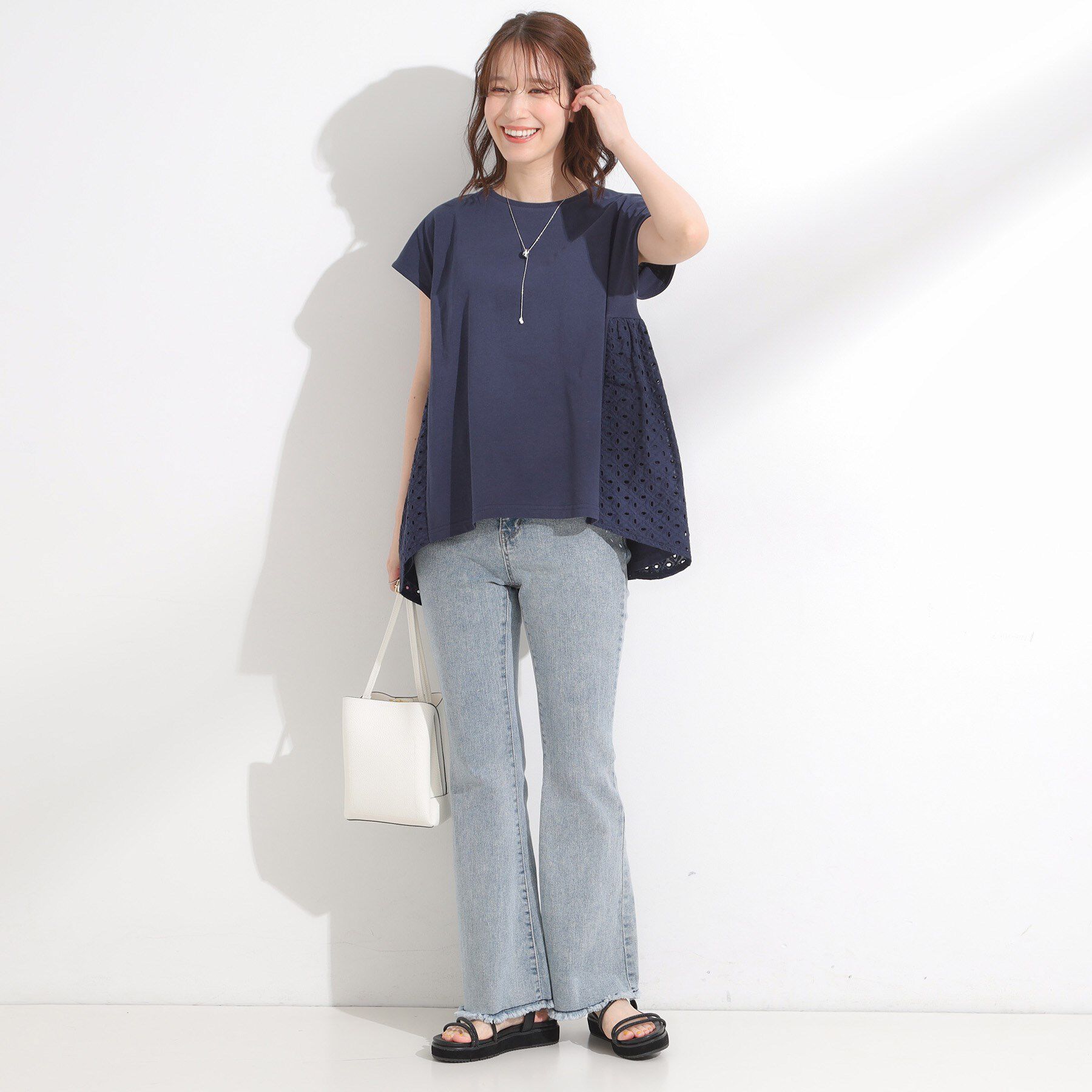 SHOO･LA･RUE「【S-LL/体型カバー】インせずサマ見え レースドッキングトップス」|Tシャツ・カットソー|