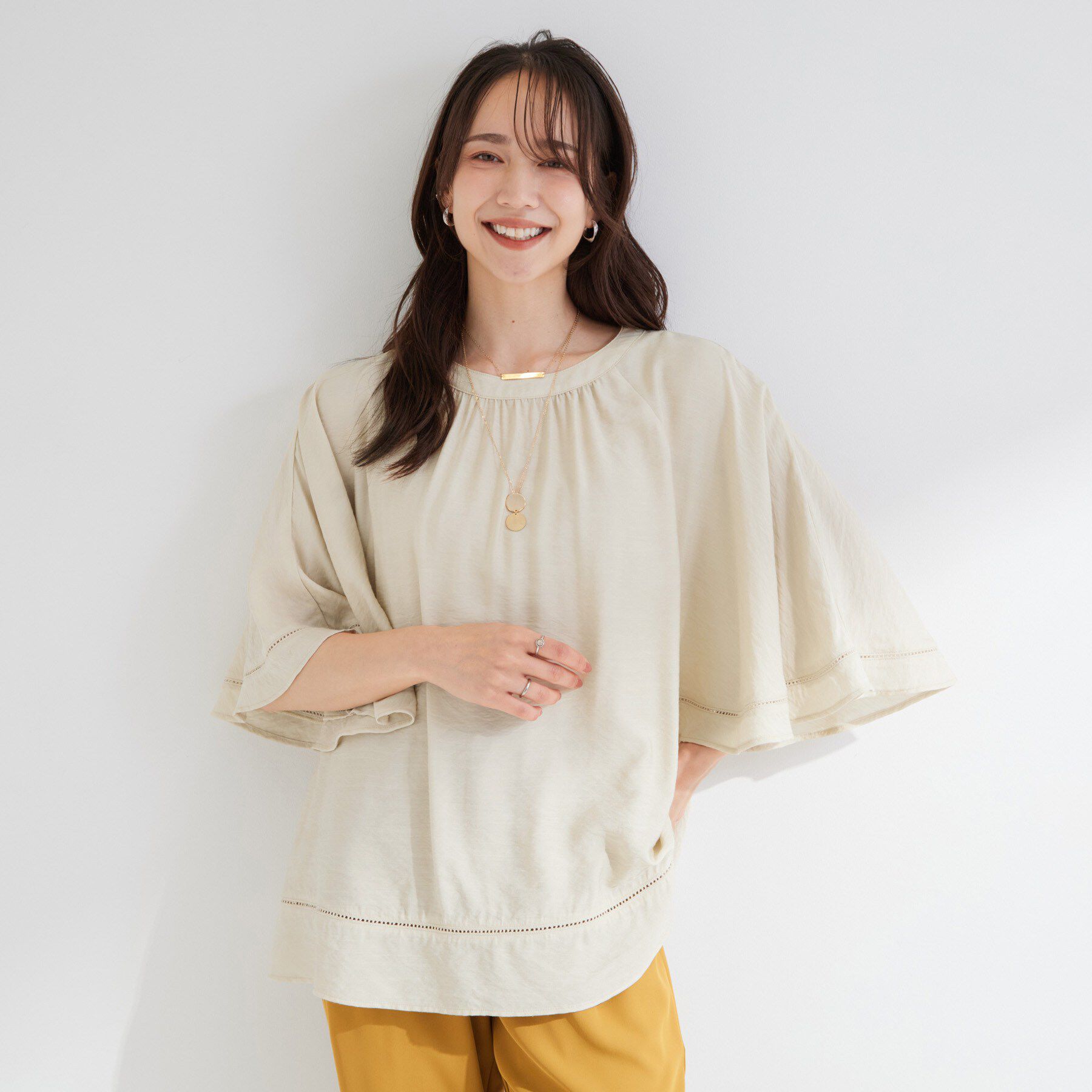 SHOO･LA･RUE「【ひんやり/S-LL/体型カバー】はしごレースが魅力な スラブポンチョ風ブラウス」|シャツ・ブラウス|