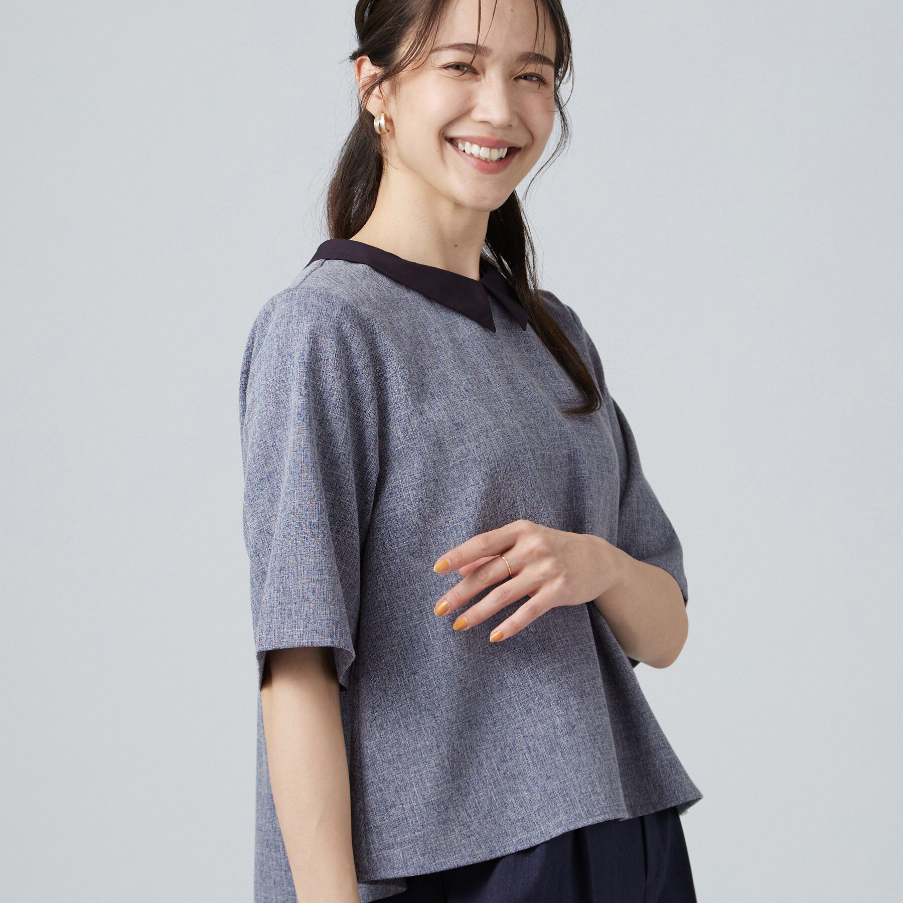 SHOO･LA･RUE「【通気性〇/セットアップ可】サマーツイード調衿付き半袖ブラウス」|シャツ・ブラウス|ブルー(092)