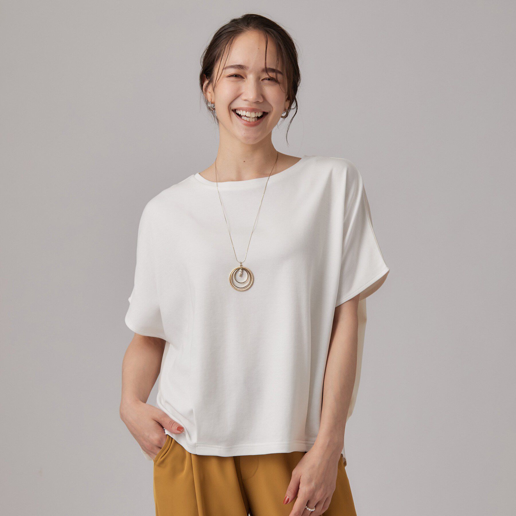 SHOO･LA･RUE「【ひんやり/UV】異素材ドッキング 裾タックプルオーバー」|Tシャツ・カットソー|