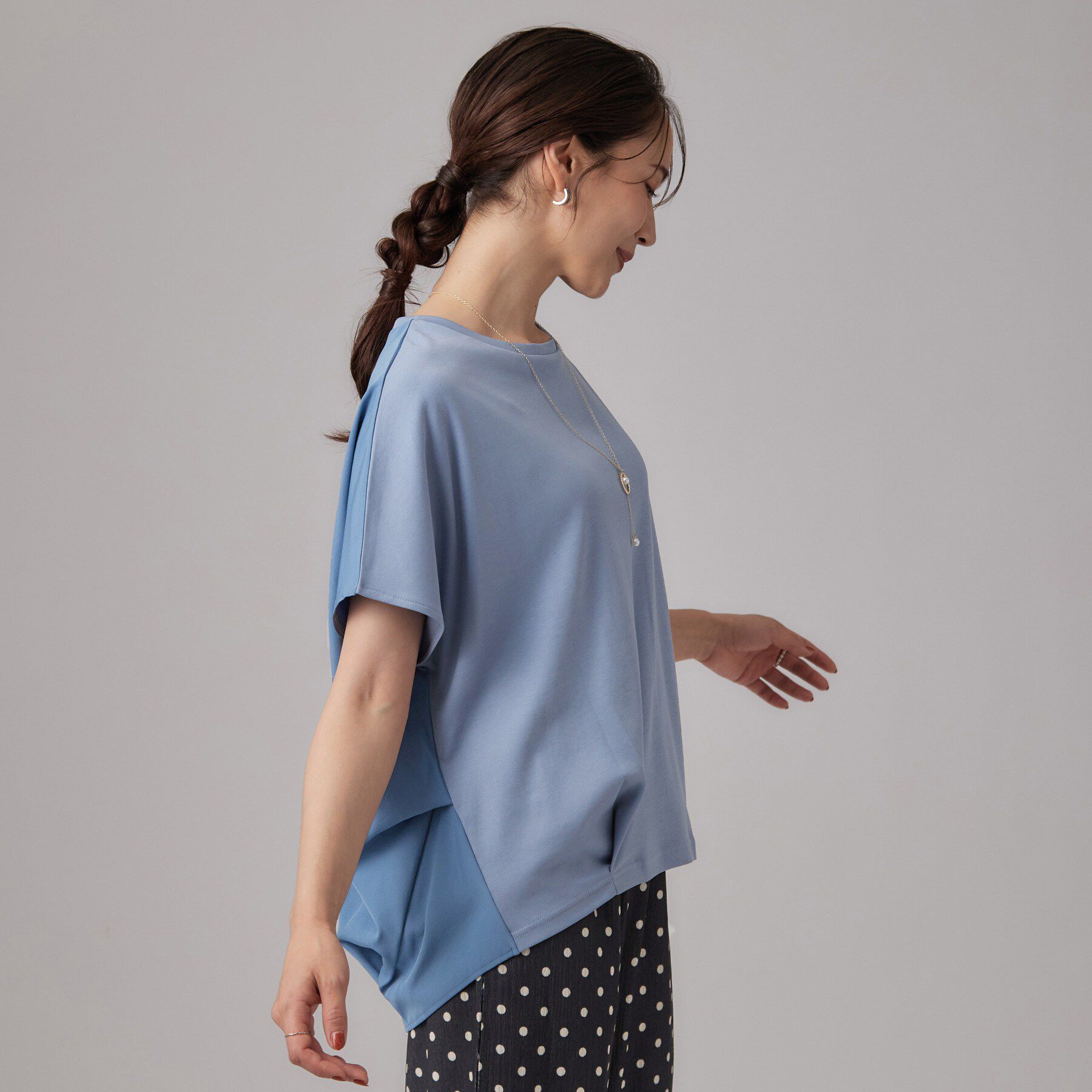 SHOO･LA･RUE「【ひんやり/UV】異素材ドッキング 裾タックプルオーバー」|Tシャツ・カットソー|